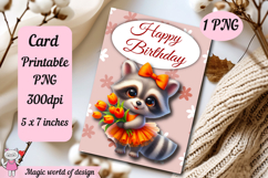 Happy Birthday Printable card png, Raccoon With Flowers Product Image 2