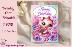 Happy Birthday Card Printable with Flowers and Cute Pig, DIY Product Image 2
