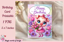 Happy Birthday Card Printable with Flowers and Cute Pig, DIY Product Image 2