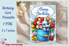 Cute Baby Elephant &amp; Flowers Printable Birthday Card Product Image 1