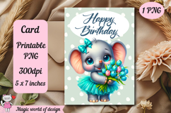Elephant With Flowers, Birthday Printable card png, Product Image 1