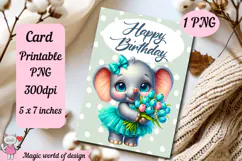 Elephant With Flowers, Birthday Printable card png, Product Image 2