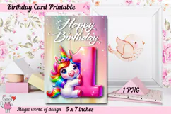 Unicorn 1th Happy Birthday Card, Printable png Product Image 1