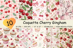 Cherry Pattern, Coquette Aesthetic, Cherry Seamless Paper, Gingham Digital Paper, Retro Diner Vibe, Vintage Cherry Pattern, Pink and Red Palette, Cherry Gingham Checks, Kawaii Bow Patterns, Cupcake Motif Paper, Picnic Style Paper, Cherry Scrapbook Paper