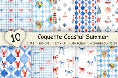 Coquette Coastal Summer Digital Paper, Seamless Watercolor Nautical Pattern Pack, Printable Scrapbook Paper, Bow Beach Design Bundle