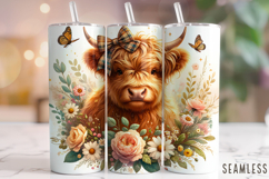 Floral Highland Cow Tumbler Wrap, Cute Highland Cow Tumbler Product Image 1