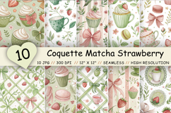 matcha dessert pattern, lace and ribbons paper, shabby chic background, girly scrapbook paper, watercolor strawberry paper, sweet strawberry clipart, cottagecore digital paper, strawberry seamless pattern, coquette bow digital, coquette core paper, matcha