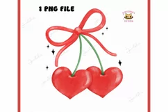 Retro Coquette Heart Cherries PNG with Red Ribbon Bow Product Image 1