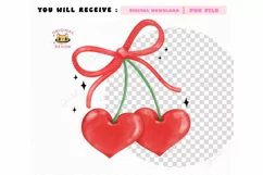 Retro Coquette Heart Cherries PNG with Red Ribbon Bow Product Image 2