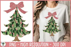 Christmas tree sublimation design with a coquette bow being shown on a woman's t-shirt 