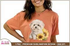Maltese watercolor puppy sunflower sublimation, puppy png Product Image 3