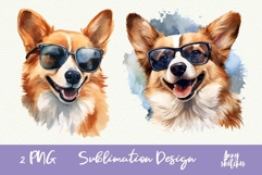 2 Corgi in Sunglasses Cool Dog Watercolor Clipart PNG Product Image 1