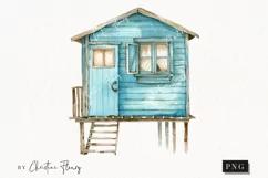 Watercolor Blue Shed Clipart | Coastal PNG Product Image 1
