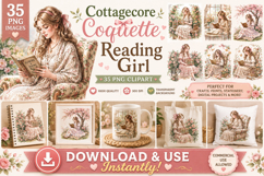 Cottagecore Coquette Reading Girl PNG Clipart Bundle Product Image 1