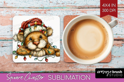 Cougar Tangled In Christmas Lights Square Coaster Funny Xmas Product Image 1