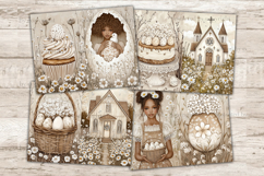 Country Easter Junk Journal Paper, Cottage Core Art, GlamArtZhanna, Spring Picture Collage, Easter Black Woman, Brown Easter Graphics, Easter Egg Hunt Illustration, Country Easter Pages, Journal Printable Paper Bundle, Rustic Collage Sheet