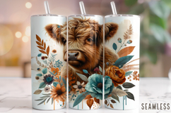 Floral Highland Cow Tumbler Wrap, Cute Highland Cow Tumbler Product Image 1