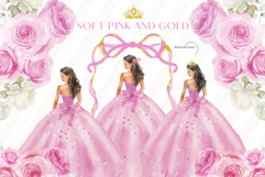 Soft Pink Gold Bow Princess Clipart, Soft Pink Quinceañera Product Image 1