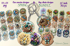 Spring round keychain BUNDLE | Bird and floral Car coaster Product Image 1