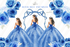 Royal Blue &amp; Silver Princess Clipart, Bow Blue Quinceañera Product Image 1
