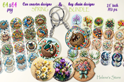 Spring round keychain BUNDLE | Bird and floral Car coaster Product Image 1