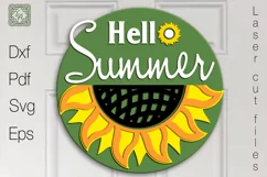 Hello Summer Round Sign. Sunflower Door Hanger. SVG Product Image 1