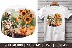 Fall skeleton with coffee- Halloween skeleton sublimation Product Image 1
