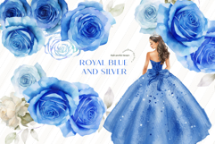 Royal Blue &amp; Silver Princess Clipart, Bow Blue Quinceañera Product Image 2
