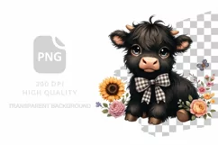 Watercolor Flowers Black Baby Highland Cow Product Image 1