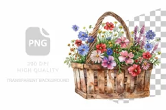 Watercolor wildflower Png Clipart in rustic basket Product Image 1