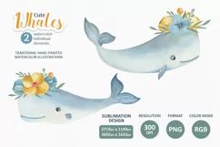 Cute Whales watercolor clipart. Sea animal character design. Product Image 1