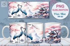 Sakura and Cranes PNG sublimation. 11 & 15 oz mug wrap Product Image 1