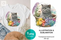 Cute Bascket. Grey Cat. Watercolor, print design PNG Product Image 1