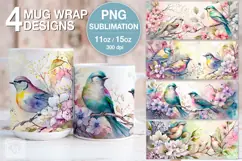 Spring Birds mug PNG sublimation. 11 & 15 oz mug wrap PNG Product Image 1