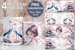 4 Sakura and Cranes PNG sublimation. 11 & 15 oz mug wrap Product Image 1