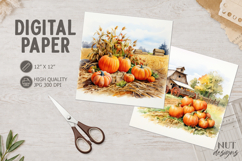 Pumpkin Hay Bale Watercolor Autumn Harvest Digital Paper Product Image 1