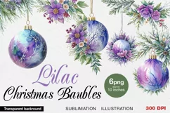 Lilac Christmas Baubles Watercolor PNG sublimation Product Image 1
