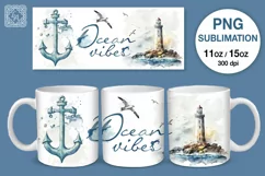 Ocean Vibes mug PNG sublimation. 11 & 15 oz mug wrap PNG Product Image 1