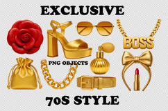 PNG collection of golden 70s inspired fashion objects including platform shoe belt purse perfume lipstick sunglasses bow necklace and rose isolated on transparent background. PNG clip art cut out isolated on transparent background
