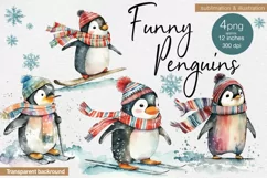 Watercolor Penguins cliparts. 4 PNG sublimation Product Image 1