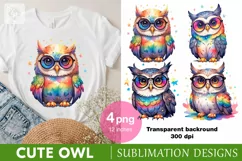 Cute Rainbow Owl Watercolor clipart, print design PNG Product Image 1