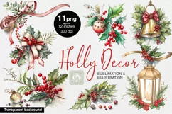 Holly Decor 11 Watercolor Cliparts PNG sublimation Product Image 1