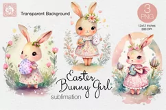 Watercolor Easter Bunny Girls Sublimation PNG Clip Art Product Image 1