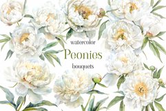 Romantic Watercolor White Peonies Clipart, Peony Bouquets Product Image 1