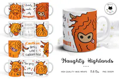 Sassy & Naughty Highland Cow Mug Wrap | Cow PNG Designs Product Image 1