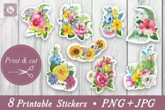 8 Flowers Bouquets Stickers|Printable cuttingl PNG Product Image 1