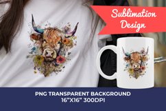 Spring Flower Highland Cow Watercolor Sublimation Design Product Image 1