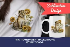 Watercolor Lion Cub and Sunflowers PNG for Sublimation Product Image 1