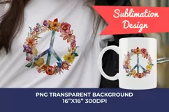 Flower Peace Symbol Watercolor PNG Sublimation Design Product Image 1