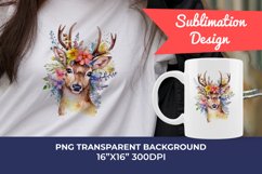 Spring Flower Deer Watercolor PNG Sublimation Design Product Image 1